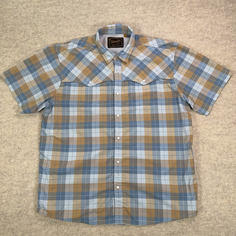 Howler Bros Open Country Tech Pearl Snap Shirt Plaid Mens XL Vented Western